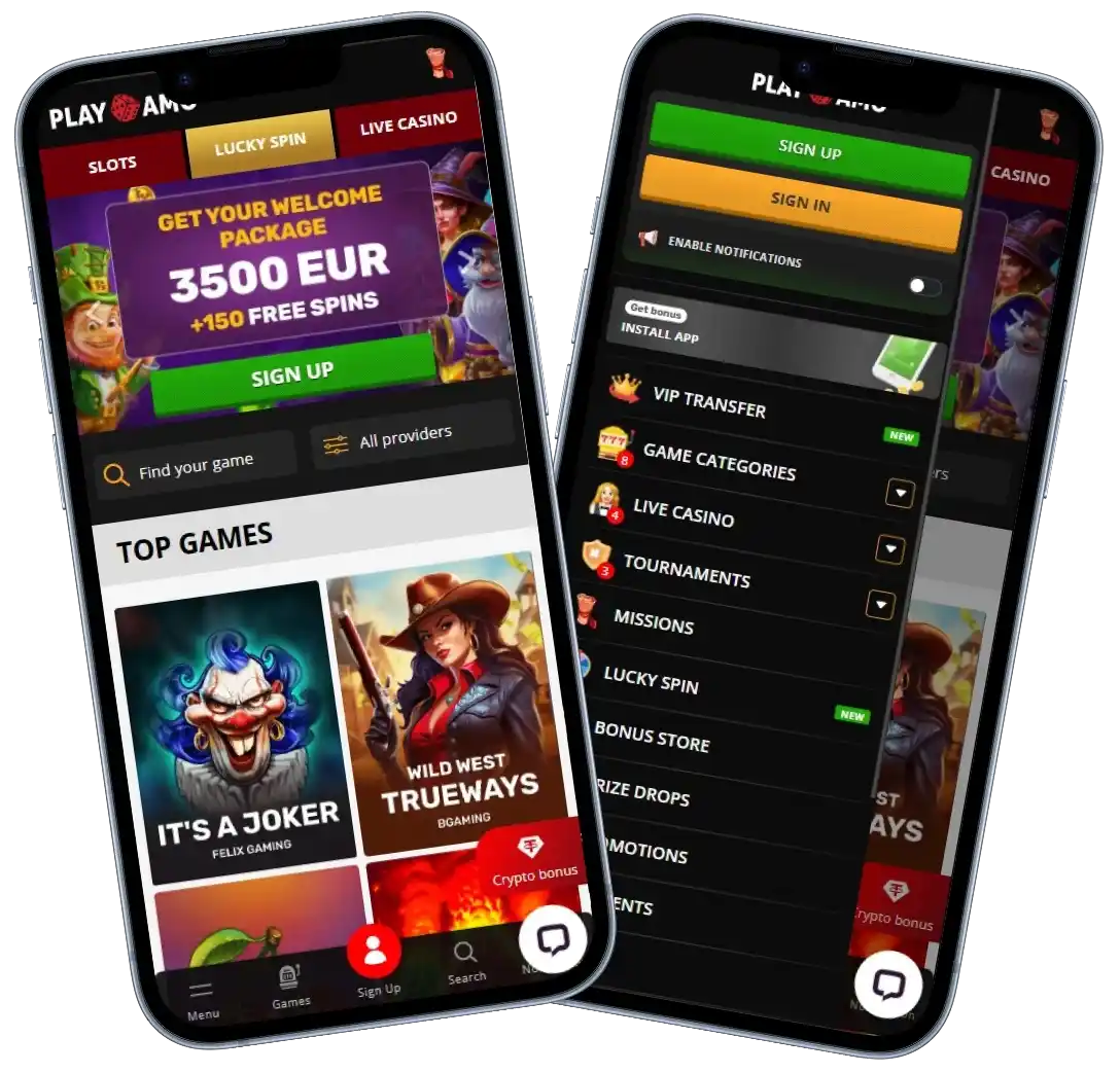 PlayAmo Casino mobile app lobby screenshot
